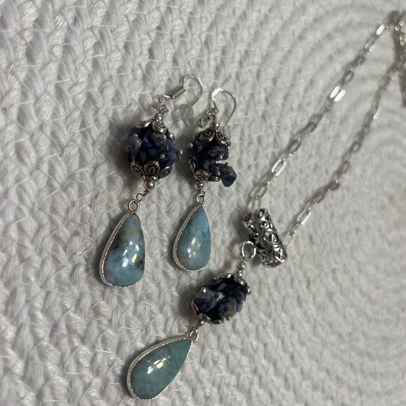 Gorgeous LARIMAR * SODALITE Handmade Sterling 925 Necklace & Earrings #608D - Picture 3 of 3